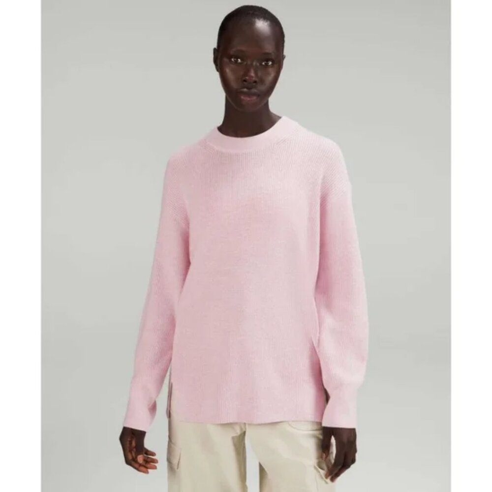 Lululemon Heathered Pink Peony Merino Wool Blend Ribbed Crewneck Sweater Size 6